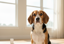 Beagle’ınız İçin En İyi 5 Bakım Ürünü: Uzman Önerileri A photorealistic, heartwarming shot of a healthy and happy tri-color Beagle sitting on a plush, light-colored rug in a brightly lit, modern living room