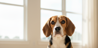 A photorealistic, heartwarming shot of a healthy and happy tri-color Beagle sitting on a plush, light-colored rug in a brightly lit, modern living room