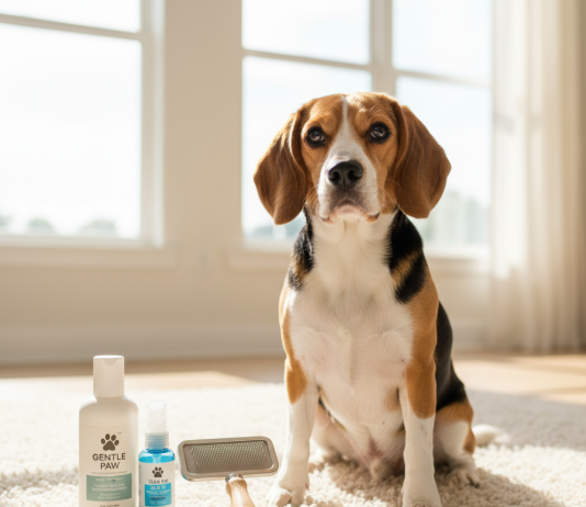 A photorealistic, heartwarming shot of a healthy and happy tri-color Beagle sitting on a plush, light-colored rug in a brightly lit, modern living room