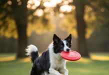 A stunningly photorealistic shot of a classic black and white Border Collie in mid-action, catching a durable rubber toy in a sun-drenched, vibrant green park