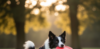 A stunningly photorealistic shot of a classic black and white Border Collie in mid-action, catching a durable rubber toy in a sun-drenched, vibrant green park