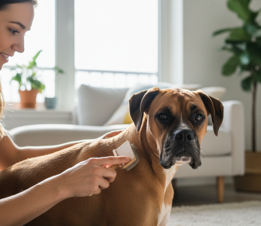 A photorealistic, heartwarming shot of a beautiful fawn-colored Boxer dog being gently groomed by its owner in a brightly lit, modern living room