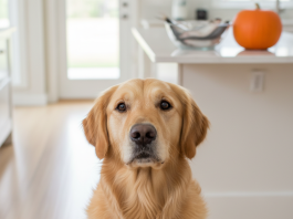 A healthy, happy Golden Retriever is looking directly at the camera with a gentle expression