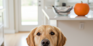 A healthy, happy Golden Retriever is looking directly at the camera with a gentle expression