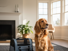 A beautiful, well-groomed golden Cocker Spaniel is sitting happily on a plush, modern grey rug in a brightly lit living room