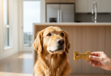 Dr.Zoo Köpek Maması Nasıl Kullanılır? Adım Adım Uygulamalı Rehber A photorealistic, heartwarming shot of a happy Golden Retriever in a bright, modern kitchen