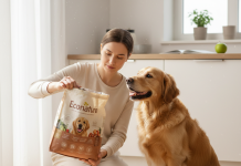 Econature Köpek Mamasıyla Kilo Problemleri İçin Etkili Çözümler A photorealistic, heartwarming indoor scene capturing the bond between a person and their slightly chubby but happy Golden Retriever