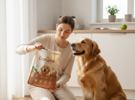A photorealistic, heartwarming indoor scene capturing the bond between a person and their slightly chubby but happy Golden Retriever