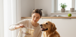 A photorealistic, heartwarming indoor scene capturing the bond between a person and their slightly chubby but happy Golden Retriever
