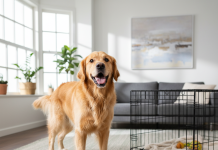 Ferplast Köpek Aksesuarları: İnceleme, Yorum ve Karşılaştırma A photorealistic, high-resolution shot of a joyful Golden Retriever in a brightly lit, modern living room