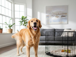 A photorealistic, high-resolution shot of a joyful Golden Retriever in a brightly lit, modern living room