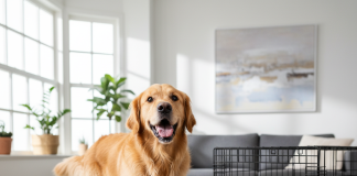 A photorealistic, high-resolution shot of a joyful Golden Retriever in a brightly lit, modern living room