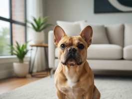 A photorealistic, heartwarming medium shot of a fawn-colored French Bulldog with its characteristic bat ears perked up