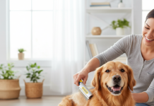 Furminator Köpek Bakım Ürünleri: Hangi Modeli, Nasıl Seçilir? A photorealistic, heartwarming image of a happy Golden Retriever being gently groomed by its owner
