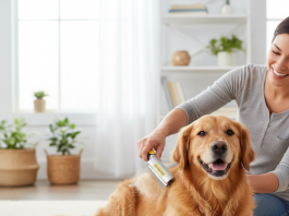 A photorealistic, heartwarming image of a happy Golden Retriever being gently groomed by its owner