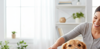 A photorealistic, heartwarming image of a happy Golden Retriever being gently groomed by its owner