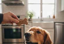 Garden Mix: Köpeğiniz İçin En İyi 5 Mama – Uzman Seçimleri A photorealistic, heartwarming close-up shot of a happy Golden Retriever in a brightly lit, modern kitchen