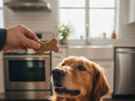 A photorealistic, heartwarming close-up shot of a happy Golden Retriever in a brightly lit, modern kitchen