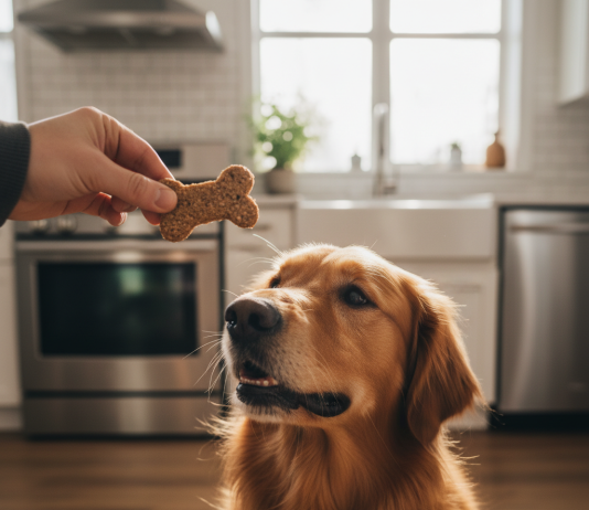 A photorealistic, heartwarming close-up shot of a happy Golden Retriever in a brightly lit, modern kitchen