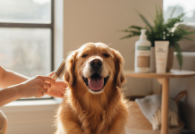 Golden Retriever Sahipleri İçin Eksiksiz Bakım Ürünü Kontrol Listesi A photorealistic, heartwarming medium shot of a beautiful, happy Golden Retriever sitting patiently on a light-colored rug in a bright, modern living room