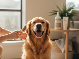 A photorealistic, heartwarming medium shot of a beautiful, happy Golden Retriever sitting patiently on a light-colored rug in a bright, modern living room