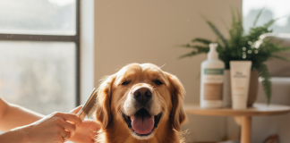 A photorealistic, heartwarming medium shot of a beautiful, happy Golden Retriever sitting patiently on a light-colored rug in a bright, modern living room