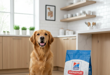 Hills Science Plan: Yetişkin Köpekler İçin En İyi 10 Mama A photorealistic, bright, and airy shot of a healthy, happy medium-sized adult dog, perhaps a Golden Retriever or a Beagle, sitting attentively next to a premium bag of Hills Science Plan dog food