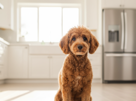 A photorealistic, heartwarming medium shot of an elegant apricot Poodle