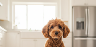 A photorealistic, heartwarming medium shot of an elegant apricot Poodle