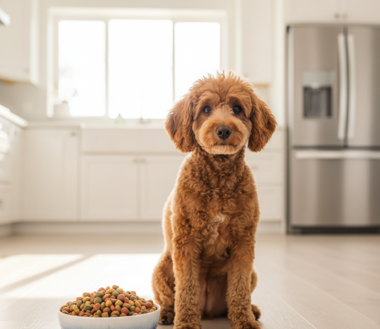 A photorealistic, heartwarming medium shot of an elegant apricot Poodle
