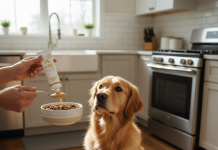 A photorealistic, heartwarming image capturing a moment of care between a person and their healthy Golden Retriever