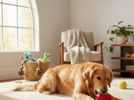 A vibrant, sunlit living room with a golden retriever happily chewing on a durable red rubber Kong toy