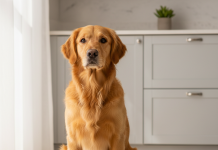 Köpeklerde Sindirim Hassasiyeti: Schesir Mama ile Etkili Çözümler A photorealistic, heartwarming medium shot of a healthy Golden Retriever sitting patiently on a clean, light-colored kitchen floor