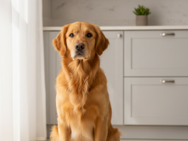 A photorealistic, heartwarming medium shot of a healthy Golden Retriever sitting patiently on a clean, light-colored kitchen floor