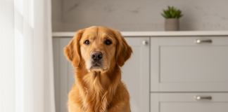 A photorealistic, heartwarming medium shot of a healthy Golden Retriever sitting patiently on a clean, light-colored kitchen floor