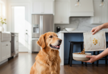 La Vital Mama ile Köpeklerde Sindirim Hassasiyeti İçin Etkili Çözümler A photorealistic, heartwarming shot of a healthy Golden Retriever in a bright, modern kitchen