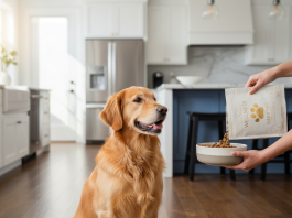 A photorealistic, heartwarming shot of a healthy Golden Retriever in a bright, modern kitchen