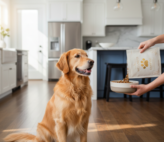 A photorealistic, heartwarming shot of a healthy Golden Retriever in a bright, modern kitchen