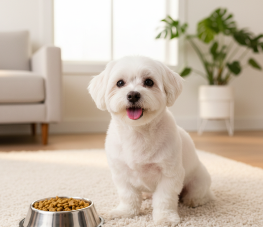 A pristine, well-lit indoor scene featuring a beautiful, fluffy white Maltese dog with a perfectly groomed coat