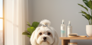 A pristine, photorealistic image of a beautiful, fluffy white Maltese dog sitting gracefully on a plush, light grey rug in a bright, modern living room
