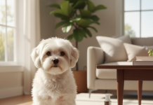 Malta Köpeği için Hijyen Ürünü Seçme ve Satın Alma Rehberi A pristine, fluffy white Maltese dog is sitting regally on a light-colored, luxurious rug in a bright, airy, and modern living room