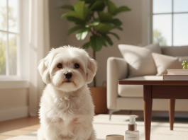 A pristine, fluffy white Maltese dog is sitting regally on a light-colored, luxurious rug in a bright, airy, and modern living room