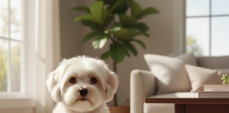 A pristine, fluffy white Maltese dog is sitting regally on a light-colored, luxurious rug in a bright, airy, and modern living room