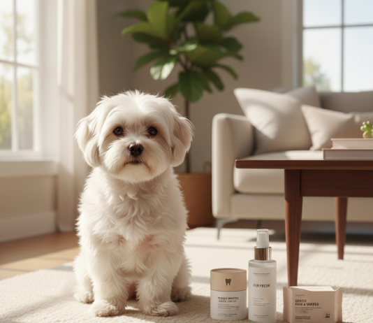 A pristine, fluffy white Maltese dog is sitting regally on a light-colored, luxurious rug in a bright, airy, and modern living room