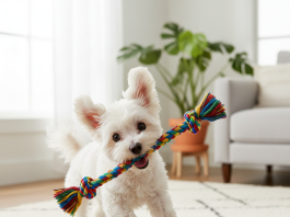 A fluffy, pure white Maltese dog playfully engaging with a colorful rope toy in a brightly lit, modern living room