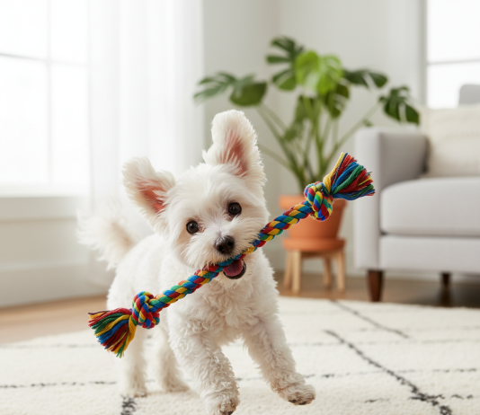 A fluffy, pure white Maltese dog playfully engaging with a colorful rope toy in a brightly lit, modern living room