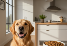 Mera: Yetişkin Köpekler İçin En İyi 5 Mama – Uzman Seçimi A photorealistic, bright, and heartwarming shot of a healthy adult Golden Retriever sitting patiently in a modern, sun-drenched kitchen