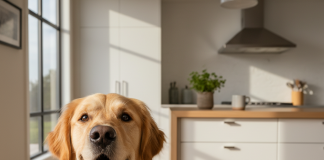 A photorealistic, bright, and heartwarming shot of a healthy adult Golden Retriever sitting patiently in a modern, sun-drenched kitchen