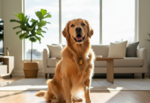 Orijen Yetişkin Köpek Maması: En Çok Sorulan Sorular ve Cevaplar A photorealistic, heartwarming shot of a healthy and happy adult Golden Retriever sitting on a clean hardwood floor in a brightly lit, modern living room