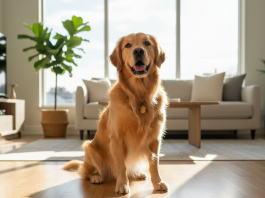 A photorealistic, heartwarming shot of a healthy and happy adult Golden Retriever sitting on a clean hardwood floor in a brightly lit, modern living room